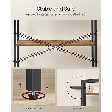 Honey Brown and Black Industrial Bookshelf, 4 Tiers, Anti-Tip Kit for Multi-Room Use