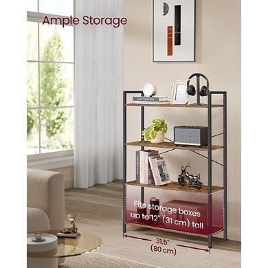 Honey Brown and Black Industrial Bookshelf, 4 Tiers, Anti-Tip Kit for Multi-Room Use