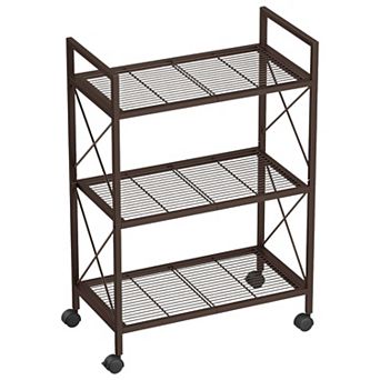 3 tier Metal Storage Rack for Entryway or Kitchen with Mesh Shelves and Casters - Metallic Bronze