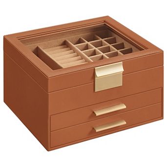 3-Layer Jewelry Box with 2 Drawers and Clear Glass Lid Caramel Brown