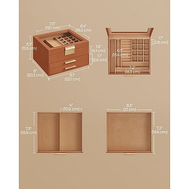 3-Layer Jewelry Box with 2 Drawers and Clear Glass Lid Caramel Brown