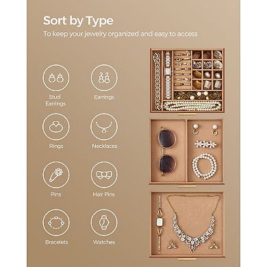 3-Layer Jewelry Box with 2 Drawers and Clear Glass Lid Caramel Brown