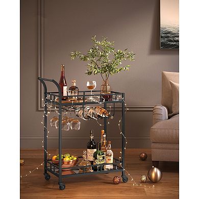 2-Tier Bar Cart with Mirrored Shelves and Wheels for Home Bar or Living Room