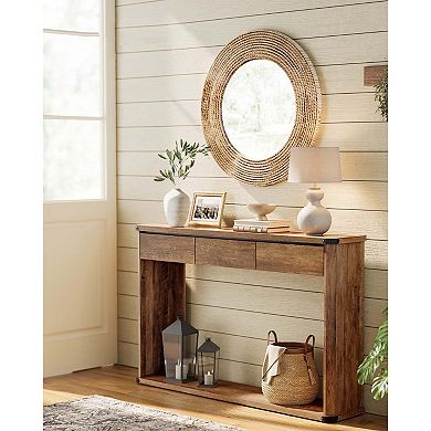 Narrow Farmhouse Entryway Console Table with 3 Drawers and Bottom Shelf for Hallway or Living Room