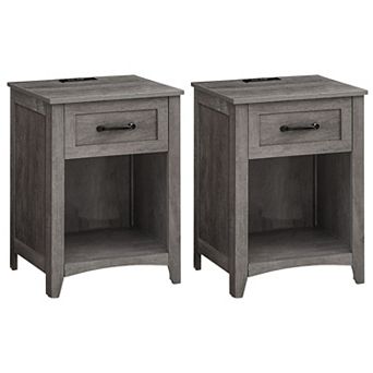 Set of 2 Charging Nightstands with Drawer, Open Shelf and Built-In USB-AC Ports Misty Grey