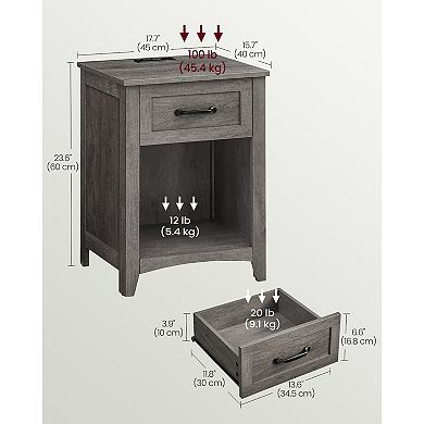 Set of 2 Charging Nightstands with Drawer, Open Shelf and Built-In USB-AC Ports Misty Grey
