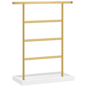 Jewelry Stand with 64 Earring Holes and Tray Base for Small Items White and Gold