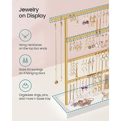Jewelry Stand with 64 Earring Holes and Tray Base for Small Items White and Gold