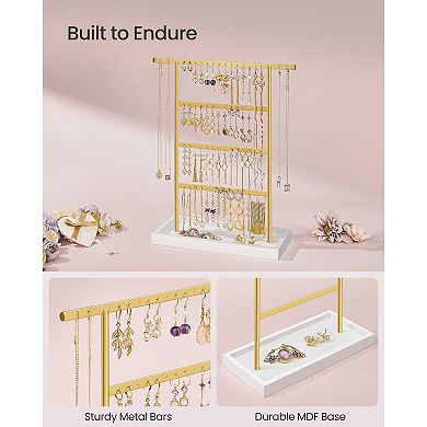 Jewelry Stand with 64 Earring Holes and Tray Base for Small Items White and Gold