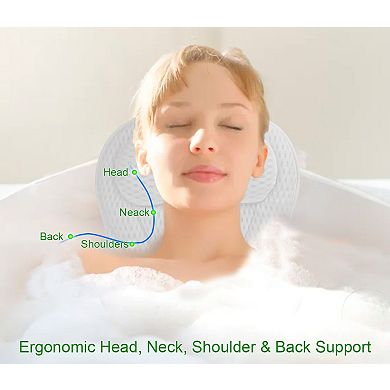Ergonomic Tub Pillow with 6 Suction Cups - 3D Air Mesh Neck Back Support for Soaking Baths
