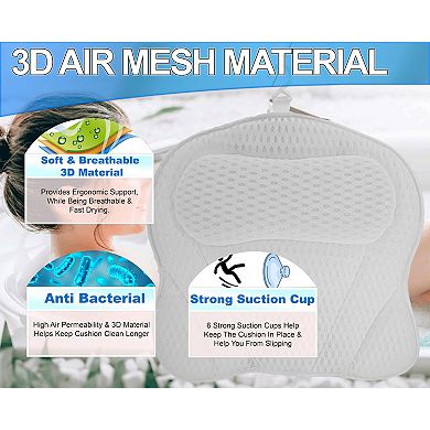 Ergonomic Tub Pillow with 6 Suction Cups - 3D Air Mesh Neck Back Support for Soaking Baths