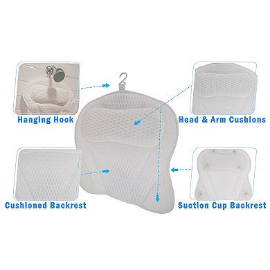 Ergonomic Tub Pillow with 6 Suction Cups - 3D Air Mesh Neck Back Support for Soaking Baths