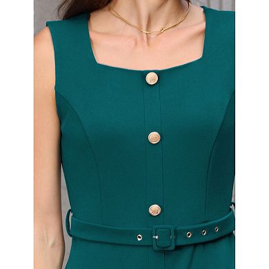 Women's Sleeveless Office Dress Square Neck Button Work Bodycon Pencil Dresses with Belted