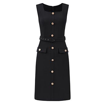 Women's Sleeveless Office Dress Square Neck Button Work Bodycon Pencil Dresses with Belted