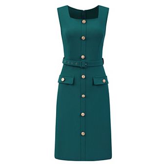 Women's Sleeveless Office Dress Square Neck Button Work Bodycon Pencil Dresses with Belted