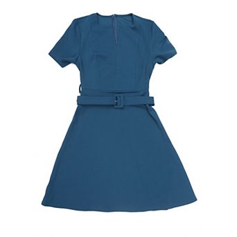 Women's A-Line Dress with Belted Summer Short Sleeve Split Neck Dresses
