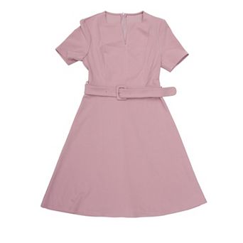 Women's A-Line Dress with Belted Summer Short Sleeve Split Neck Dresses