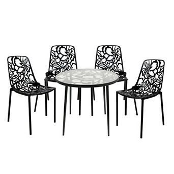 Leisuremod Devon 5 pc Aluminum Outdoor Patio Dining Set With Table And 4 Stackable Dining Chairs