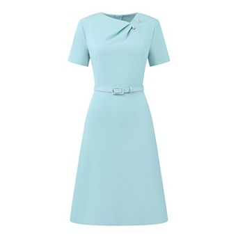 Women's A Line Dress Short Sleeve Asymmetrical Neck Elegant Business Work Dresses with Belted