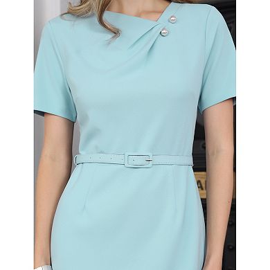 Women's A Line Dress Short Sleeve Asymmetrical Neck Elegant Business Work Dresses with Belted