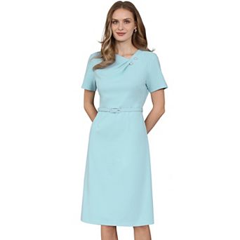 Women's A Line Dress Short Sleeve Asymmetrical Neck Elegant Business Work Dresses with Belted