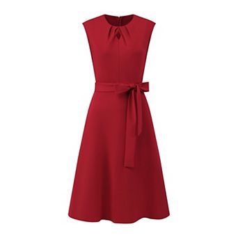 Women's A-Line Sleeveless Dress Pleated Neck Tie Waist Summer Work Flare Dresses