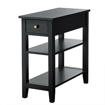 Gymax Three Tier Nightstand Bedside Table Sofa Side End Table w/Double Shelves Drawer