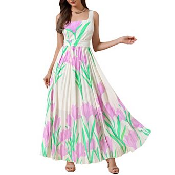 Pleated Maxi Dresses for Women's Square Neck High Waist Casual Long Floral Flare Dress