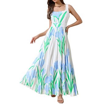 Pleated Maxi Dresses for Women's Square Neck High Waist Casual Long Floral Flare Dress