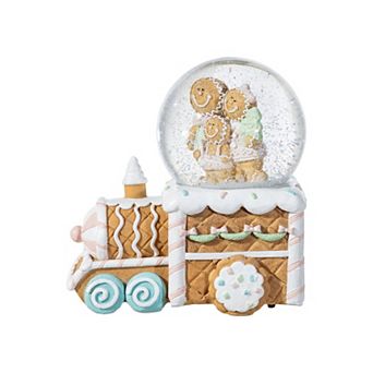 Glitzhome 100mm Resin Waterglobe, Musical Snowflakes Ginginerbread Family Train Table Decor