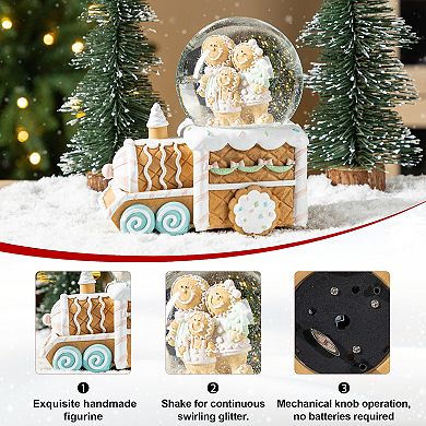 Glitzhome 100mm Resin Waterglobe, Musical Snowflakes Ginginerbread Family Train Table Decor