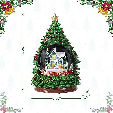 Glitzhome 100mm Christmas Resin Lighted Table Decor, Musical Snowflakes Christmas Tree Waterglobe