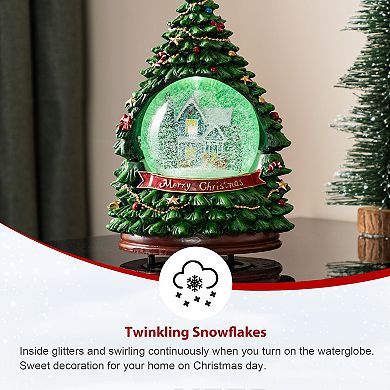 Glitzhome 100mm Christmas Resin Lighted Table Decor, Musical Snowflakes Christmas Tree Waterglobe