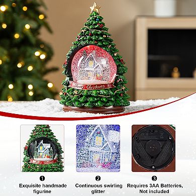 Glitzhome 100mm Christmas Resin Lighted Table Decor, Musical Snowflakes Christmas Tree Waterglobe