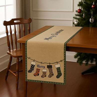 Happy New Year Christmas Table Runner Holiday Stocking Pattern, Decorative Table Accent
