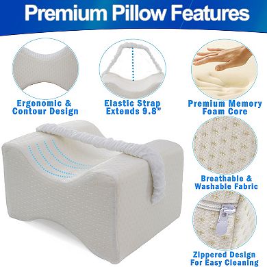 Memory Foam Knee Pillow for Side Sleepers Elastic Strap, Back Hip Knee Pain Relief
