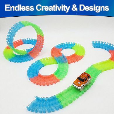 Glow in the Dark Light Up Race Tracks Set 162 Pieces with 2 LED Cars for Night Fun