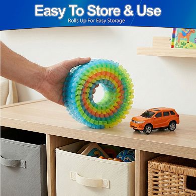 Glow in the Dark Light Up Race Tracks Set 162 Pieces with 2 LED Cars for Night Fun