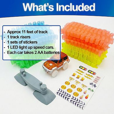 Glow in the Dark Light Up Race Tracks Set 162 Pieces with 2 LED Cars for Night Fun