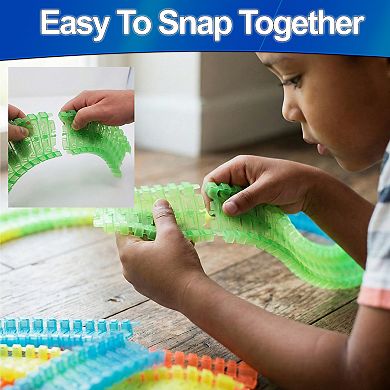 Glow in the Dark Light Up Race Tracks Set 162 Pieces with 2 LED Cars for Night Fun