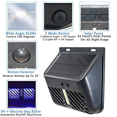 Solar UV Bug Zapper with Motion LED Light - IP65 Waterproof 25ft Detection for Patio