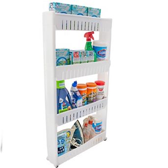 Slim 4 tier Rolling Storage Cart Adjustable Design with White Plastic, Anti-Scratch Wheels