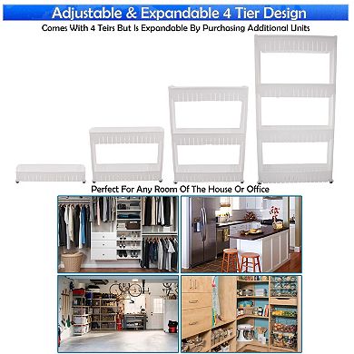 Slim 4 Tier Rolling Storage Cart Adjustable Design with White Plastic, Anti-Scratch Wheels