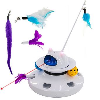 Interactive Cat Toy with Adjustable Laser Pointer and Feather Wands, USB-C Rechargeable