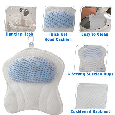 Gel Bath Pillow with 6 Strong Suction Cups - Ergonomic Neck Support for Tub