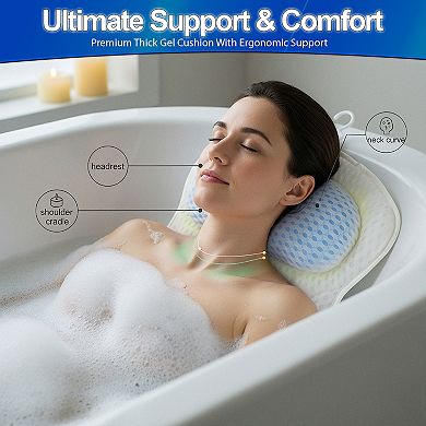 Gel Bath Pillow with 6 Strong Suction Cups - Ergonomic Neck Support for Tub