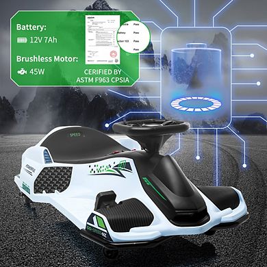 12V Ride-On Drift Car,Electric Go-Kart,Variable Speed,Music,Led Lights,BrushlessMotor&Low-PowerAlarm