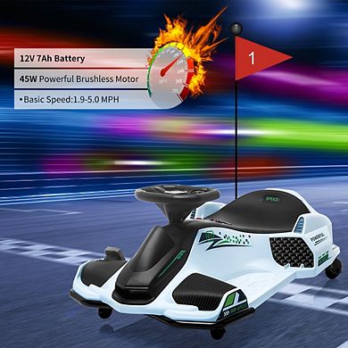 12V Ride-On Drift Car,Electric Go-Kart,Variable Speed,Music,Led Lights,BrushlessMotor&Low-PowerAlarm