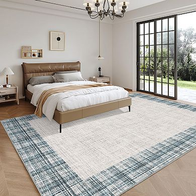 Bordered Machine Washable Rug with Non Slip TPR Backing Low Pile Non Shedding Carpet