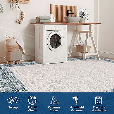 Bordered Machine Washable Rug with Non Slip TPR Backing Low Pile Non Shedding Carpet